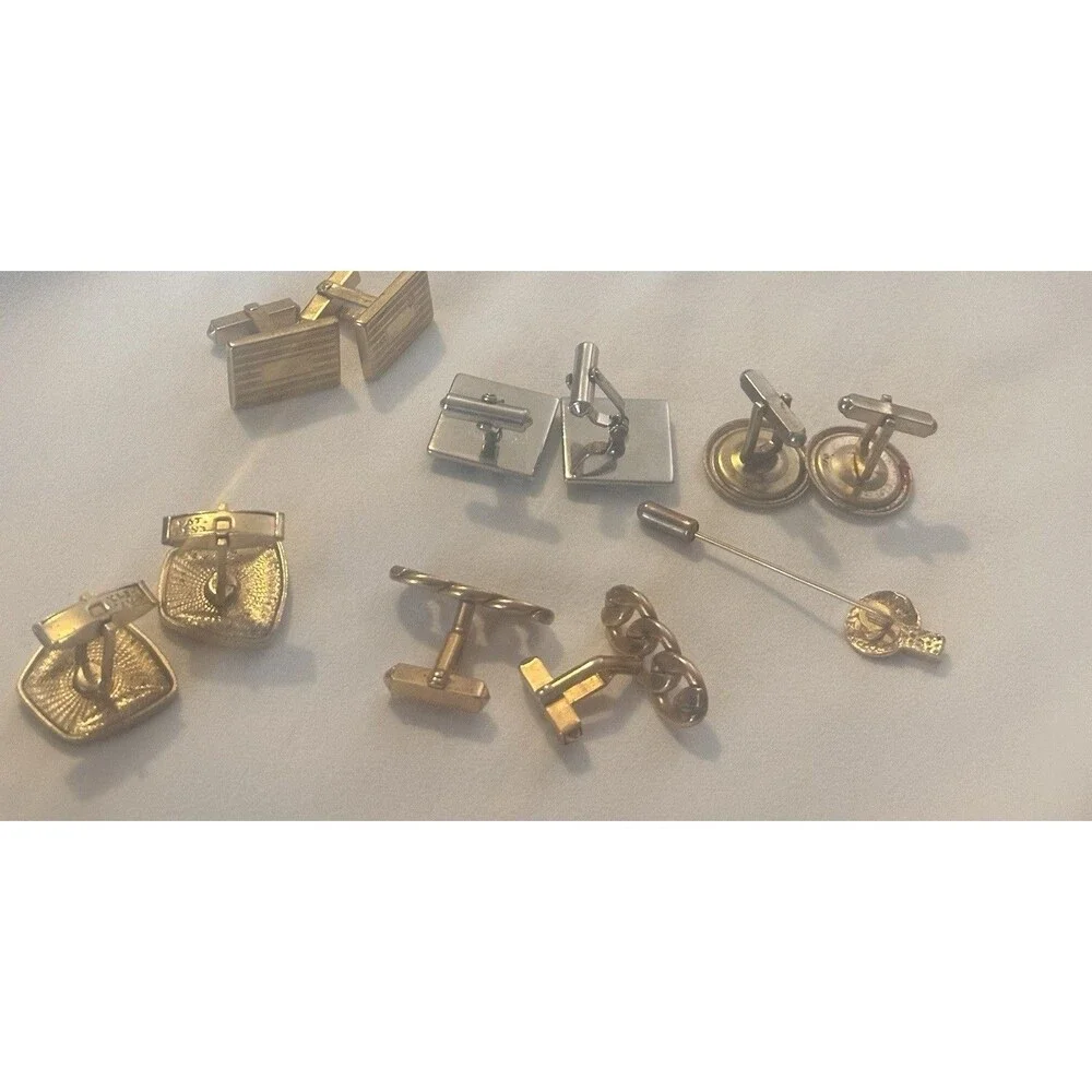 Vintage SWANK Cuban Link Cufflinks Lot Destino Mid Century Gold Silver + Tie